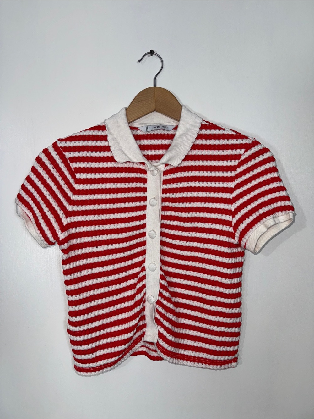 WSH128 {Mango} Red White Stripe Knit Short Sleeve Button Down Sweater Top